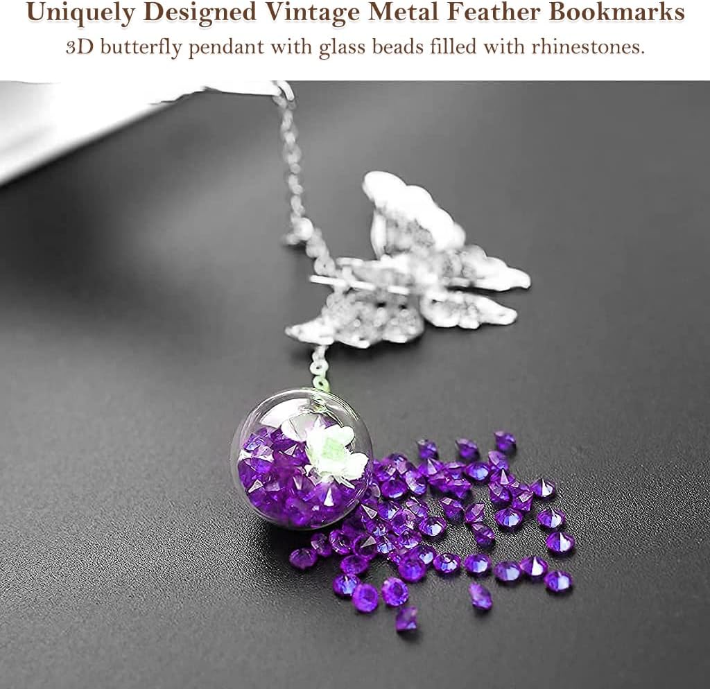 Supvox® Metal Feather Bookmark, Vintage Feather Butterfly Bookmark with Glass Beads Pendant for Reading Enthusiasts and Gifting, Bookmark Gift for Teachers Women (Silver Bookmark, Purple Flower)