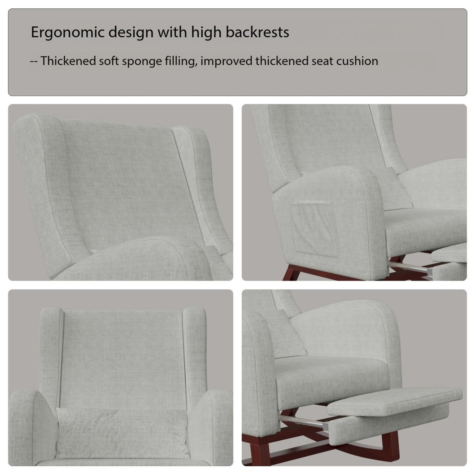 jeerbly mecedora con reposapiés, escandinavo sillón de relajación, silla para lactancia, sillón de salón dormitorio, hasta 110 kg, 67 x 64 x 99 cm, gris
