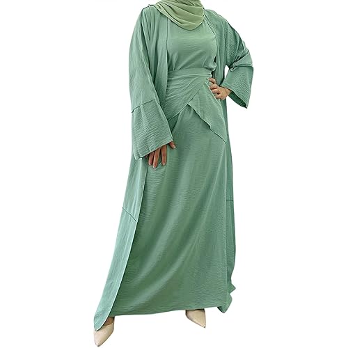 Women's Muslim Abaya Dress Three Pieces Set Islamic Prayer Robe Open Front Flowy Maxi Cardigan Dress