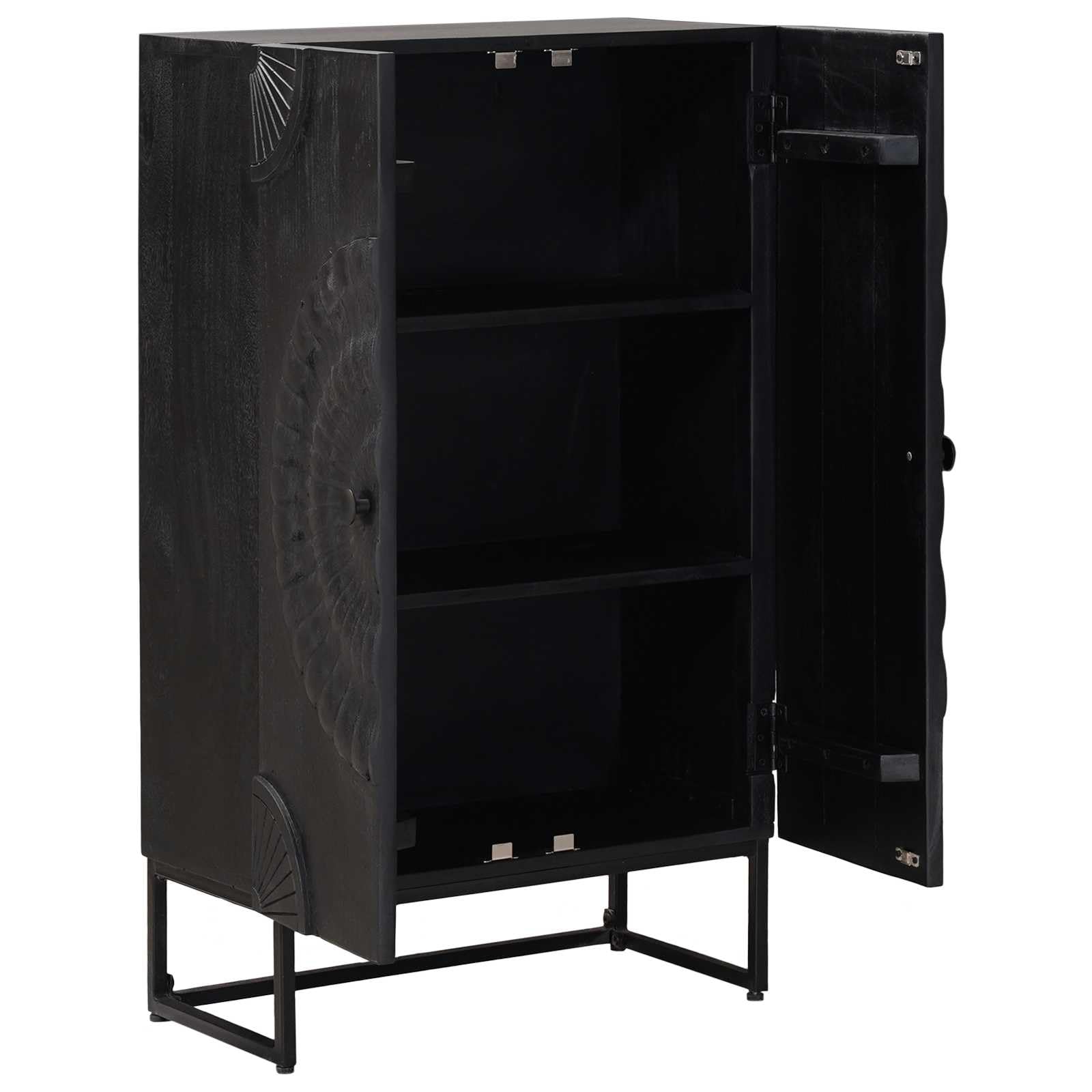 Credenza Nero 55 x 30 x 95 cm | Legno Massello di Mango, 2 Ante, Ripiani e Cassetti, Design Moderno per Soggiorno