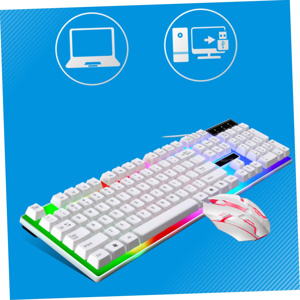 GALPADA Set Tastiera e Mouse Cablati USB Retroilluminazione LED Colorata, Tastiera Ergonomica 104 Tasti in Abs e Mouse Bianco per Computer Desktop