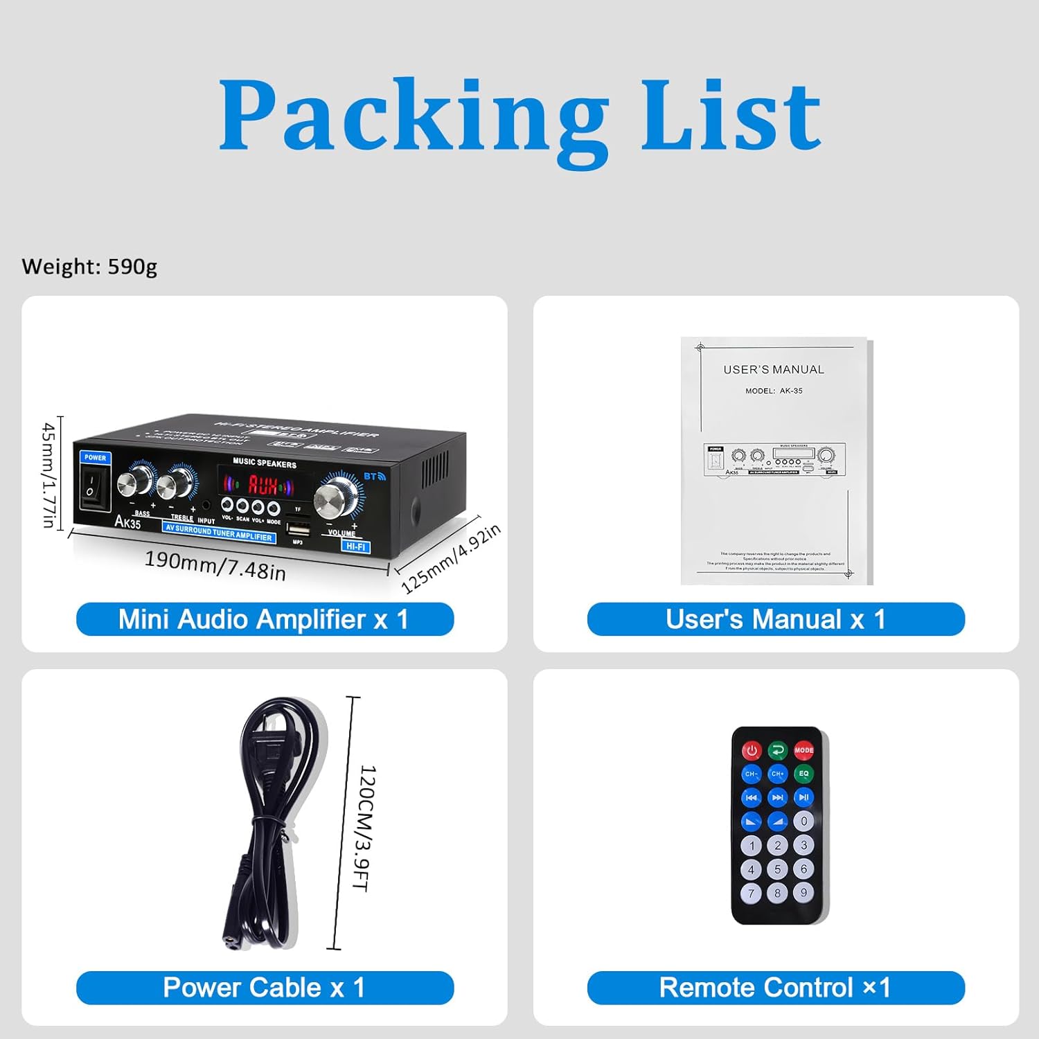 AK35 200W Stereo Audio Amplifier Bluetooth 5.0, 2.0 Channel Mini Amplifier Stereo Receivers with Bass & Treble Control,Home Amplifier w/AUX, USB, SD Card Input,Remote Control - Image 5