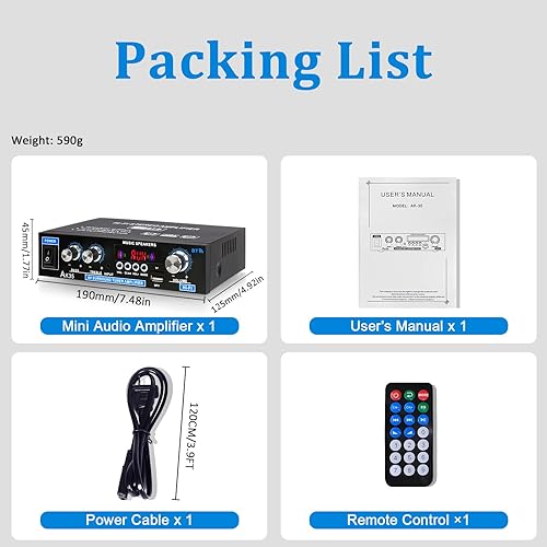Miniatura 5 de AK35 Amplificador de audio estéreo de 200 W Bluetooth 5.0, 2.0 canales mini amplificador estéreo receptores con control de graves y agudos,
