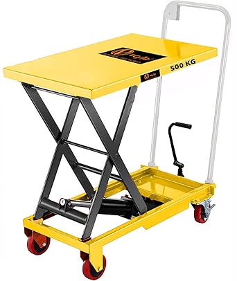 VOLTZ 500 Kg Hydraulic Lift Trolley Max. Height 1500 mm Manual Scissor Lift Table w/ 4 Wheels and Foot Pump, Elevating Hydraulic Cart for Material Handling, Yellow