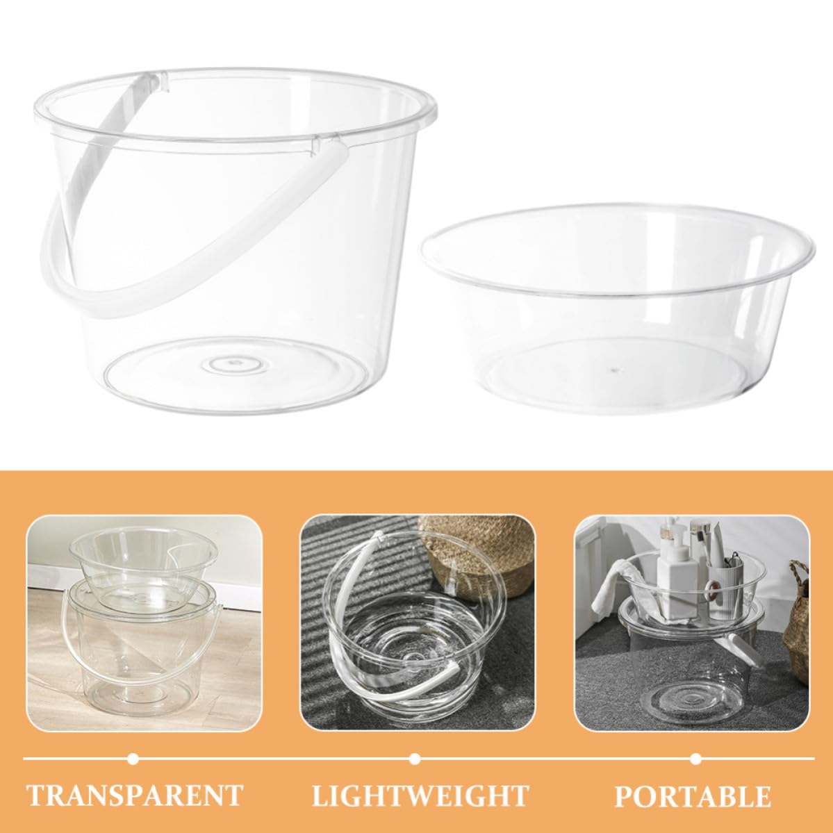 SECFOU Cubo Plástico Resistente y Ligero de Limpieza Transparente Tapa y Asa para Lavar Ropa y Remojar Pies Hogar