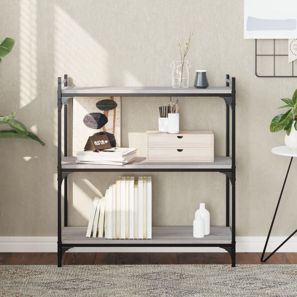 Libreria a 3 ripiani, grigio sonoma, 80 x 30 x 86 cm, in legno e metallo, divisorio per soggiorno e studio