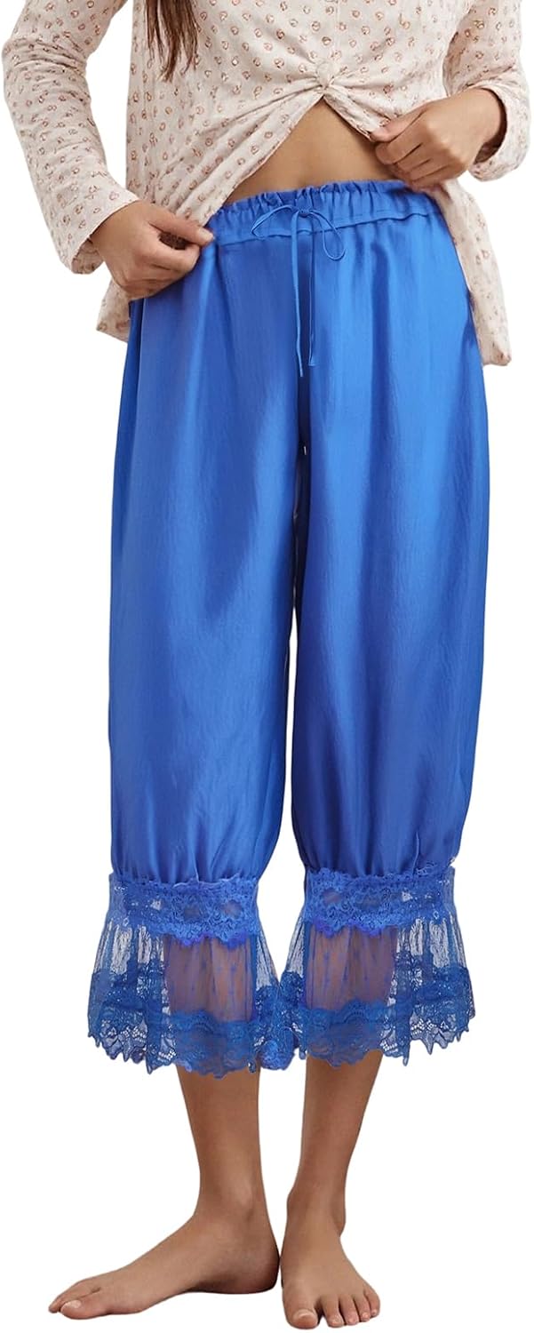 Women Lace Trim Long Bloomers Mid Rise Ruffle Going Out Cropped Pant Flared Pantaloons Elastic Waist Pajama Bottoms