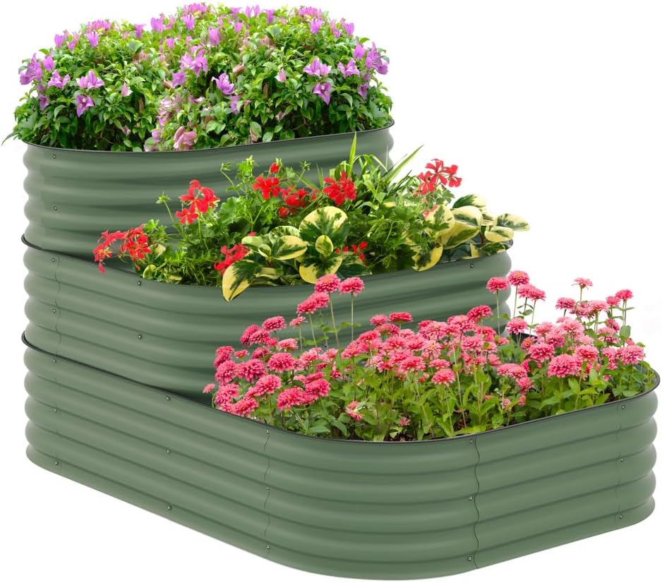 Three-Tier Galvanized Steel Raised Garden Bed with Open Bottom and Rubber Edging for Backyard Patio Use