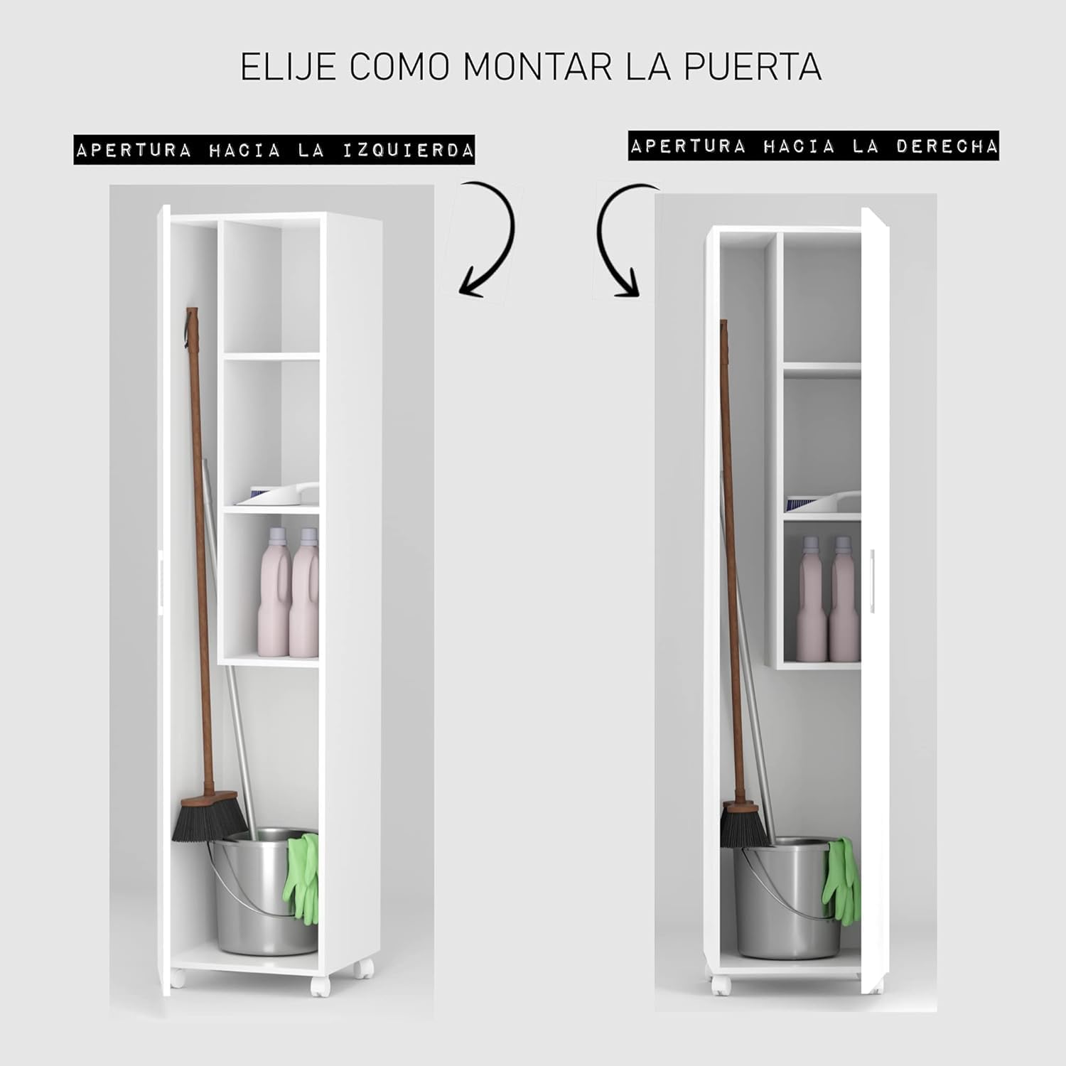 Armario Escobero Multiusos con Ruedas – 1 Puerta Reversible, Estantes y Espacio para Escoba y Fregona – Blanco, 183x42x41 cm – Mueble Auxiliar para Lavadero, Trastero o Cuarto de Limpieza