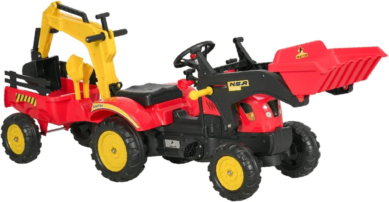 3 In1 on/Bulldozer, Pedal Car Digger Toy Move Forward/Back with 6 Wheels and Detachable Cargo Trailer