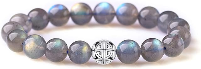MetJakt Natural 8mm Gemstones Healing Crystal Stretch Beaded Bracelet Bangle with 925 Sterling Silver Double Happiness Pendant