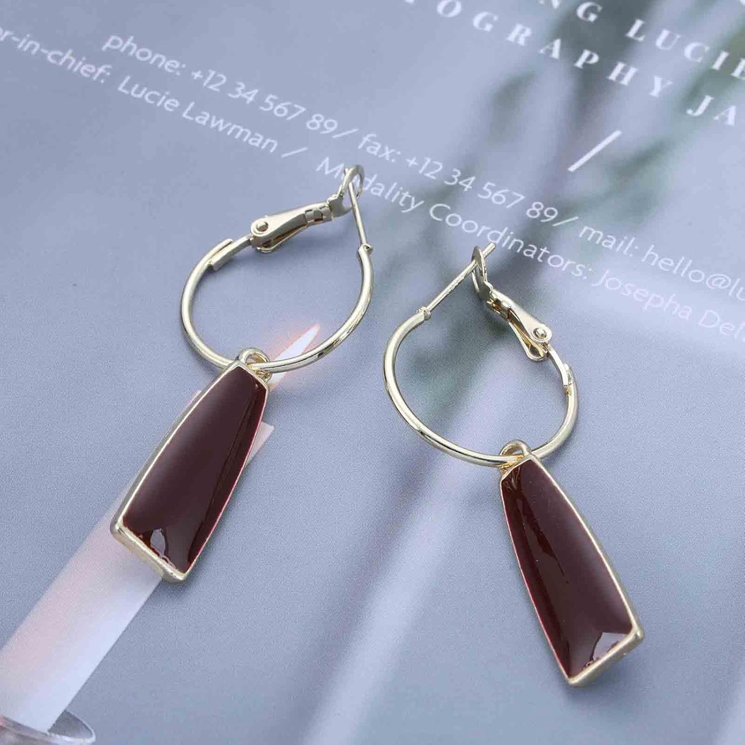 Vintage Enamel Burgundy Earrings Enamel Red Dangle Earrings Gold Burgundy Drop Earrings Acrylic Red Geometric Hoop Earrings Jewelry for Women - Image 3