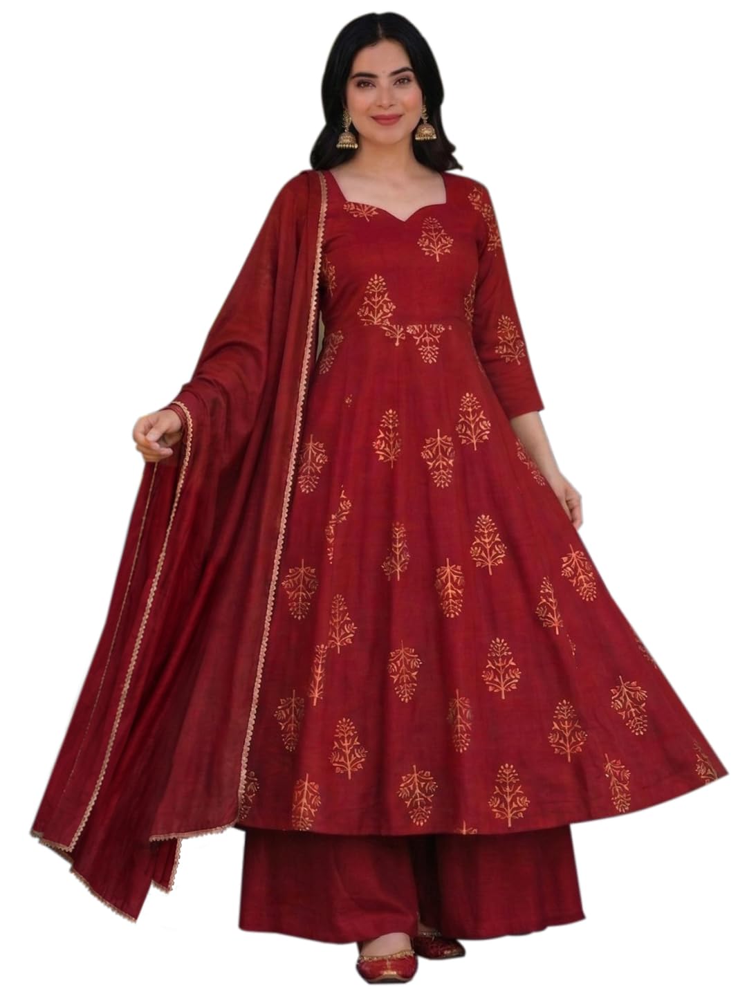 anni designer Kurta Set for Women Viscose Printed | Anarkali Kurta Palazzo Dupatta Set for Woman | Sweetheart Neck Long Sleeve 3 Piece Ethnic Dress Stylish Womens Clothing Outfit-picture-44