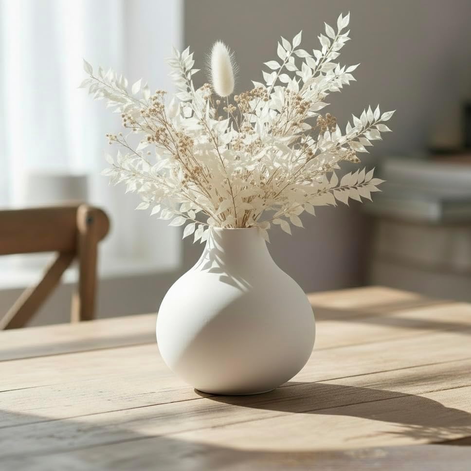 Carrot's Den White Round Vase - Minimalist Nordic, Japandi, Mid Century Modern Home Decor | Table Centerpiece, Wedding, Living Room, Bookshelf, Office, Modern Home, Entryway, Console (White) - Image 2