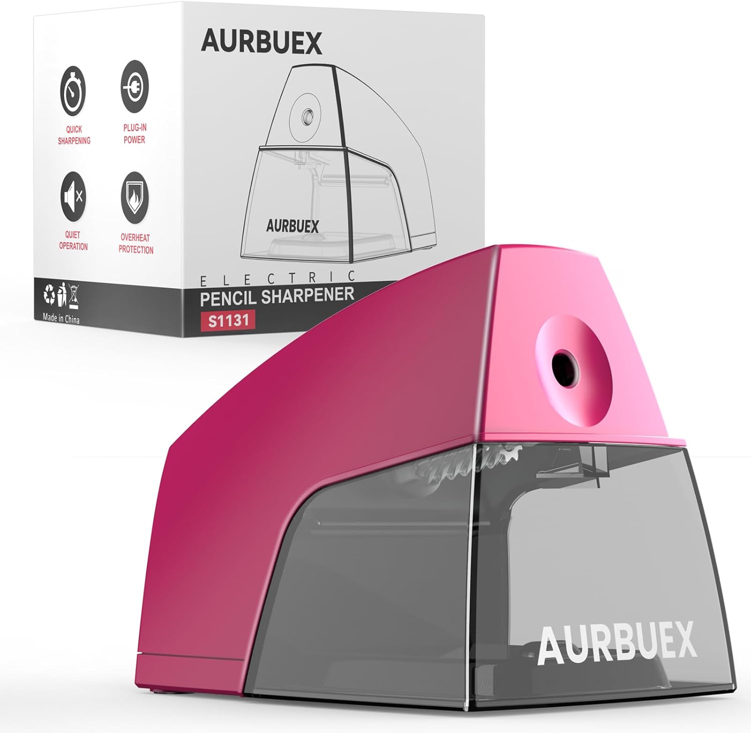 Electric Pencil Sharpener for 6 to 8 mm Pencils Helical Blade Fast 4 Second Sharpening Large Shavings Bin Non Slip Feet Safe Design for Classroom Office and Home Pink(S1131)