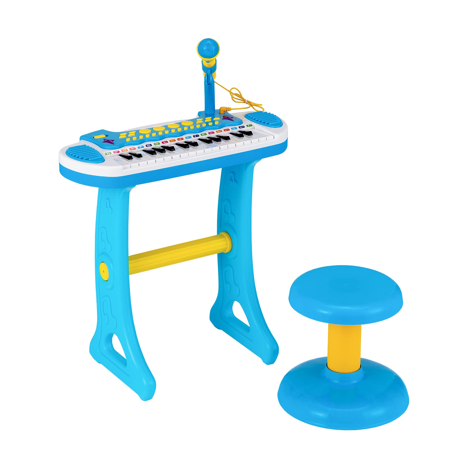 Maxmass Kids Piano and Stool, 31-Key Children Electronic Keyboard with Flashing Light, Microphone, Recording and Playback Function, Toddler Toy Piano for 3+ Boys and Girls (Blue)