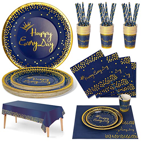Nkaiso 126pcs Bleumarine Or Party Vaisselle,Happy Everyday Decoration fête Anniversaire Kit,Papier Assiette Papier Tasse Serviette Pailles Nappe,en Mariages Baby Shower Noël, 25 invités