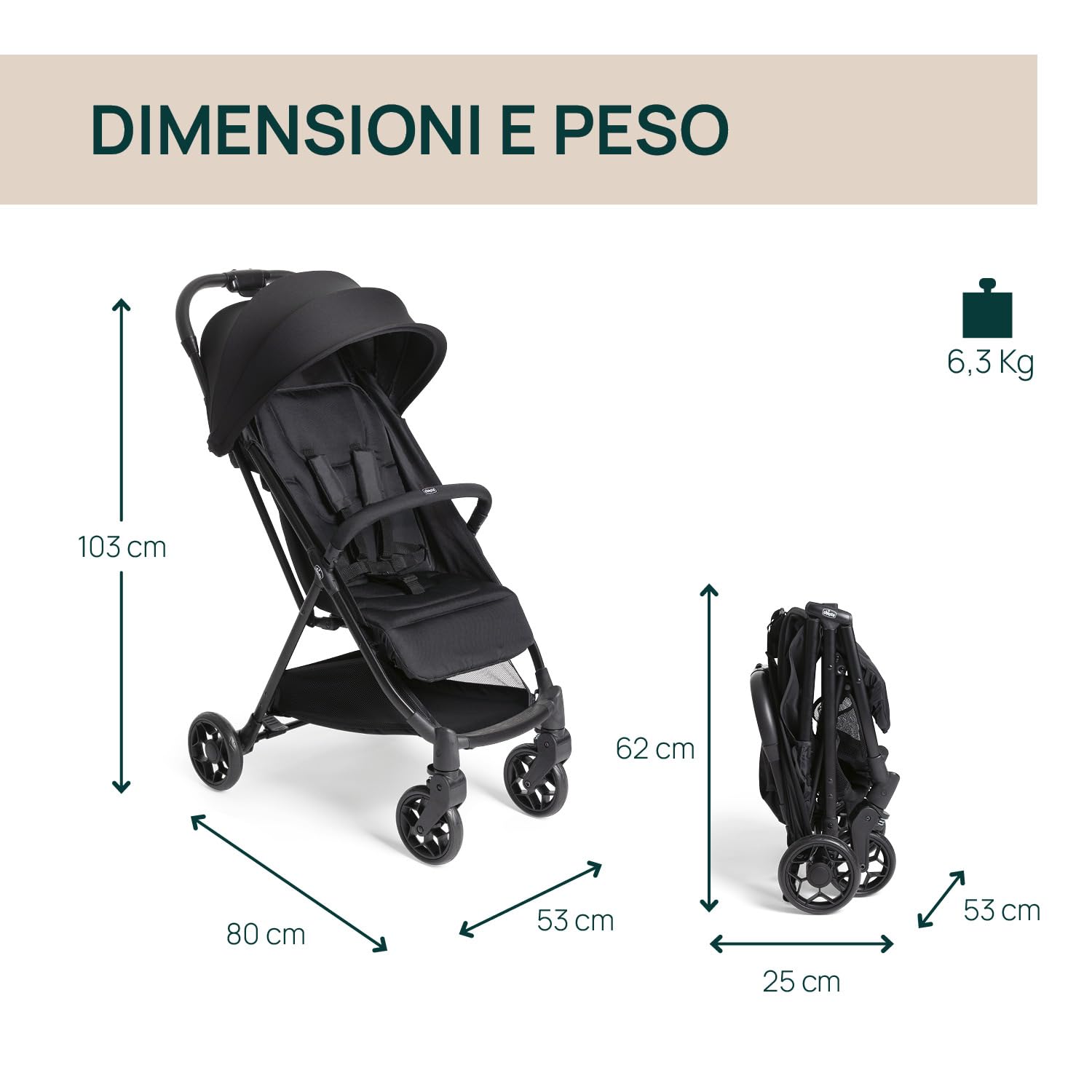 Chicco Urbino, Passeggino 0+ Mesi-22 Kg, Passeggino Leggero con Chiusura Smart e Compatta, Capotte Estensibile con Trattamenti UV50+ Antipioggia, Schienale Reclinabile e Regolabile, Poggiagambe, Nero