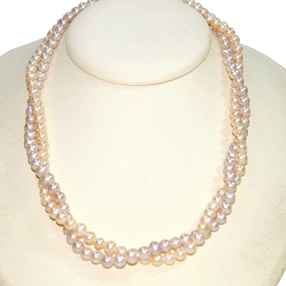 5mm Two Tone Pink and Peach Genuine Cultured Freshwater Pearls Two Strands Necklace Strung on 925 Sterling Silver Chains