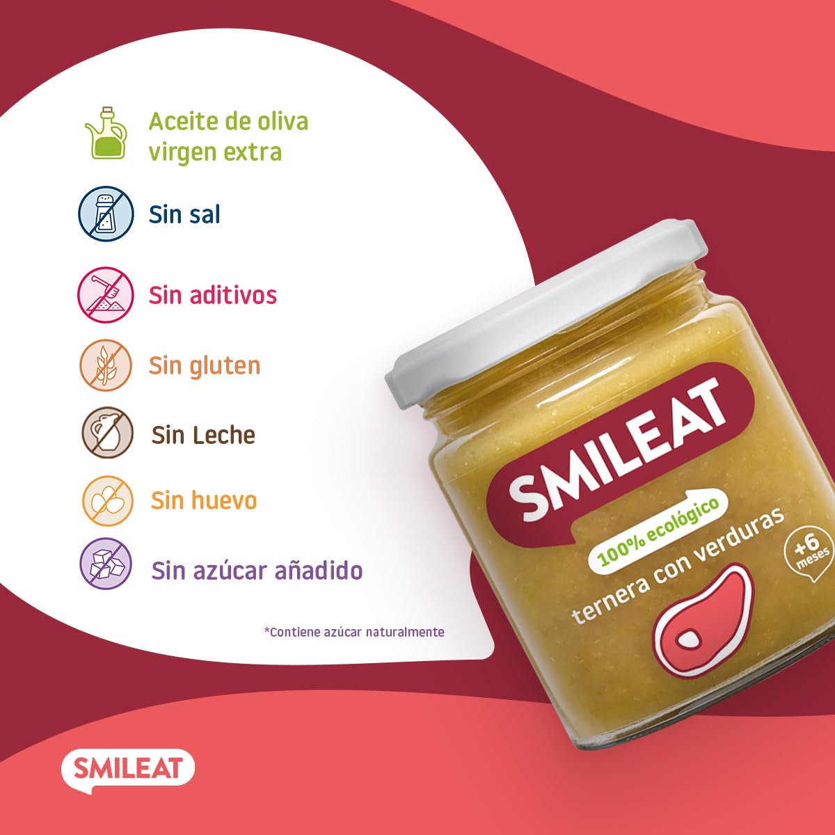 Smileat - Tarrito Ecológico con Sabor a Ternera con Verduras, Ingredientes Naturales, para Bebés desde 6 Meses, Sano y Saludable, sin Gluten - Tarro de 230 g — view 4