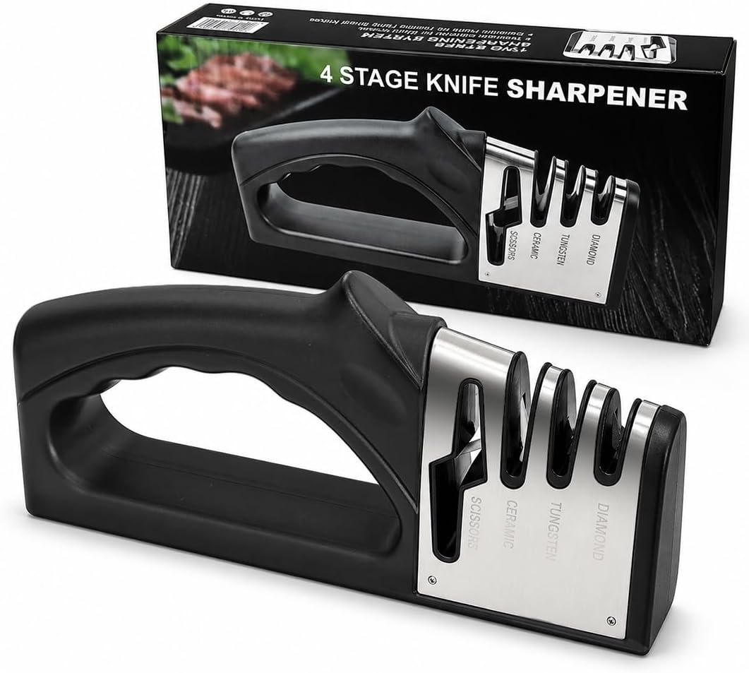 4 Stage Manual Knife Sharpener,4-in-1 design,Suitable for kitchen knives, fruit knives, steel knives, scissors,3-level precision sharpening.Non slip base, suitable for home kitchen use (Black)