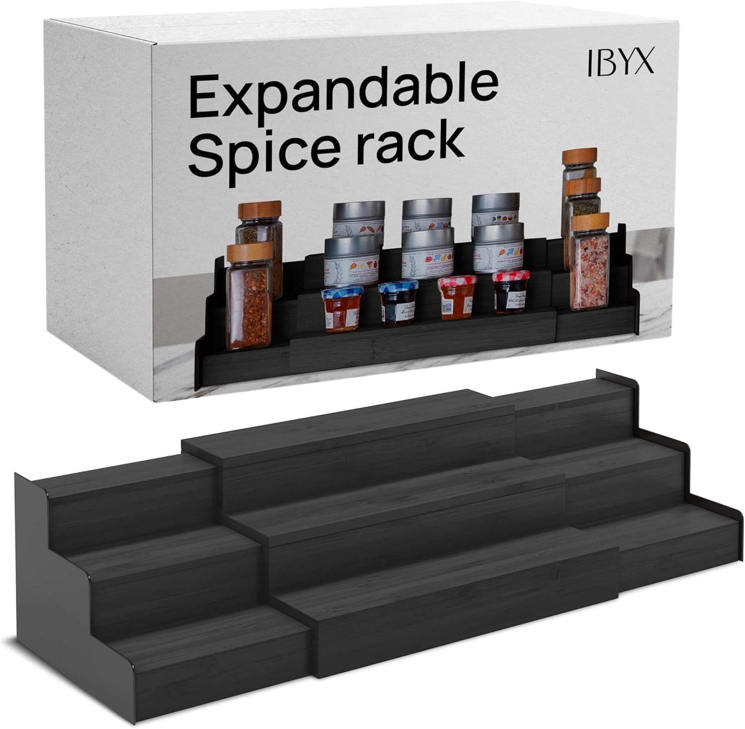 Ibyx Premium 3-Tier Spice Rack Organizer for Cabinet - Expandable Bamboo Spice Storage - Non-Skid Countertop Step Spice Shelf - Great for Kitchen Cabinet, Countertop, Cupboard, Pantry (Black) Black - Wide