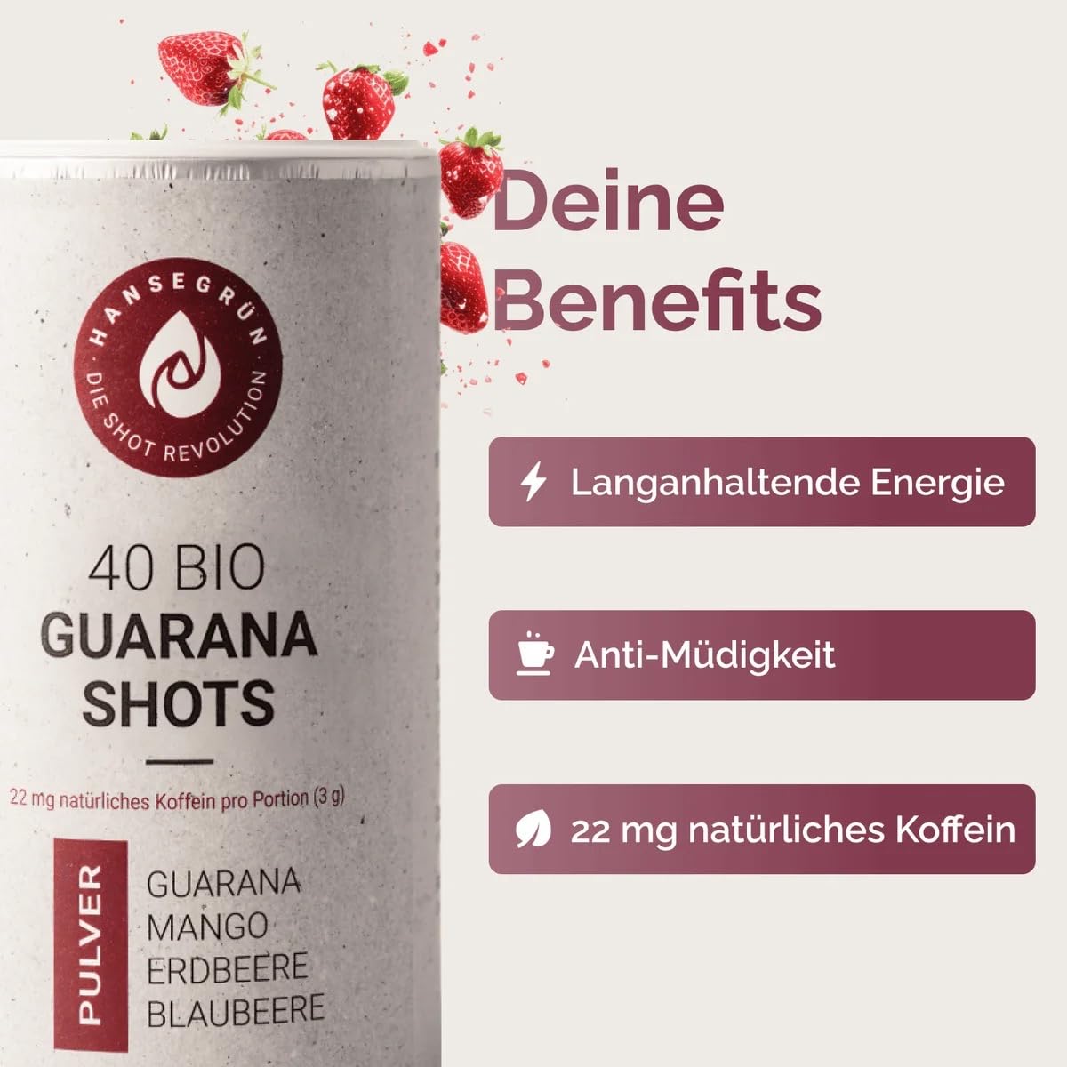 Hansegrün - 2x Bio Guarana Shots (80 Stk.) - Veganes Superfood-Pulver als Energy Drink Alternative - für bis zu 6h natürlich anhaltende Power - 100% echte Zutaten zur täglichen Zubereitung