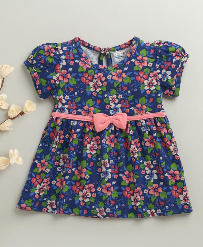 Image of BUMZEE Baby Girls Regular Fit Half Sleeves Round Neck Cotton Knee Length Fit & Flare Dress