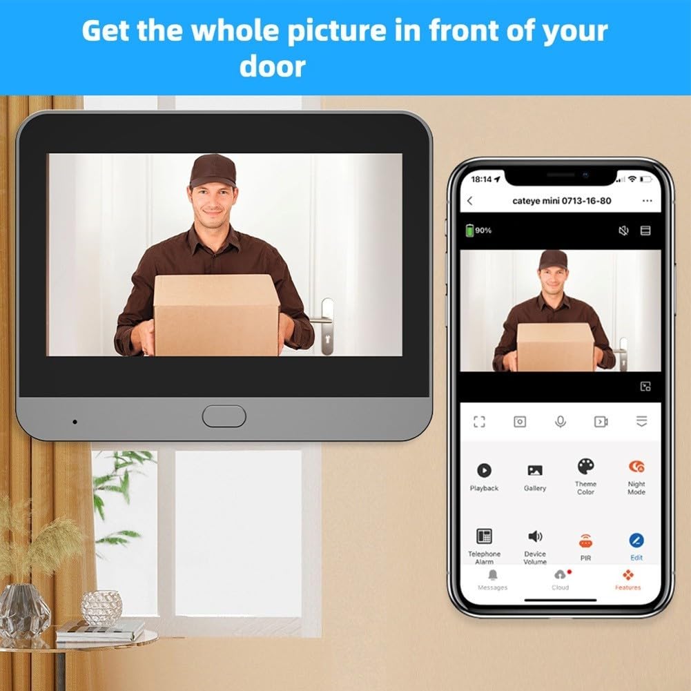 Eawfgtuw Cámara de mirilla inalámbrica con pantalla de 4 3 pulgadas, resolución 1080P, sensor de movimiento PIR para alertas instantáneas y grabación de video, timbre de video inalámbrico, cámara de