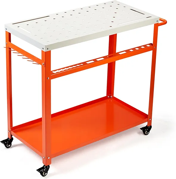 GVGBUK Movable Workbench Table,35.8“x 18.1”Welding Table,1200LBS Static Weight Capacity,Sawhorse Tool Slots and Fixture Holes（5/8-inch Fixture Holes）,4 Wheels (4 with Brake)
