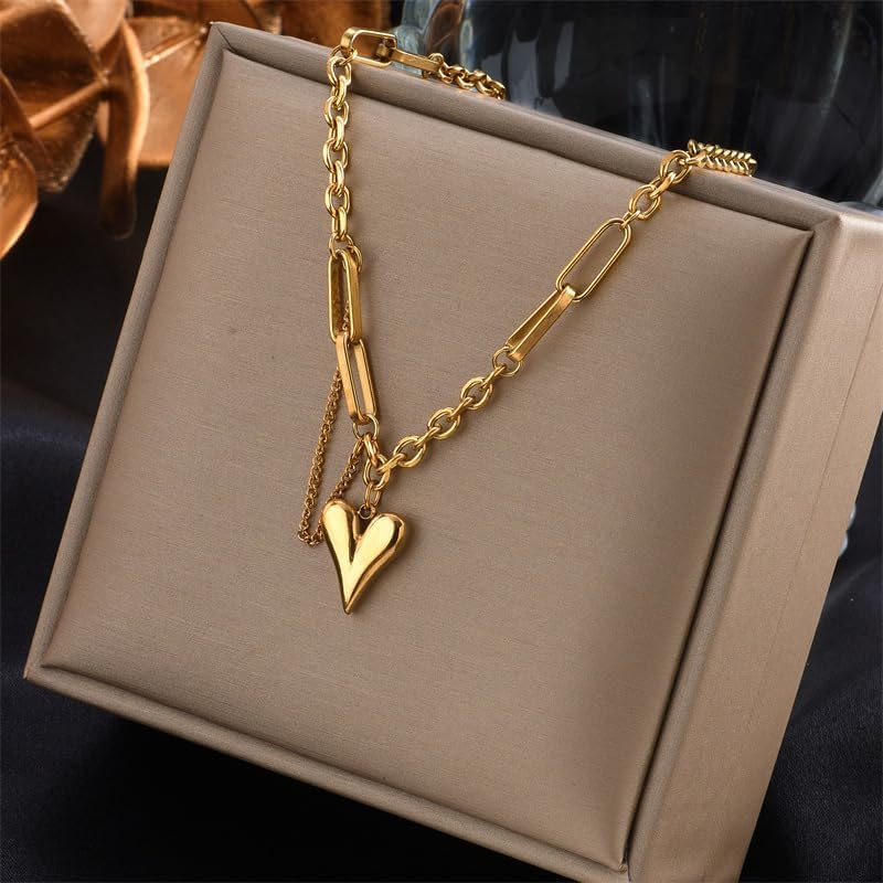 18K Gold Plated Puffy Heart Charm Necklace For Women Cute Small Heart Pendant Choker Chunky Paperclip Chian Stacked Necklaces Personalized Gift For Friend - Image 8