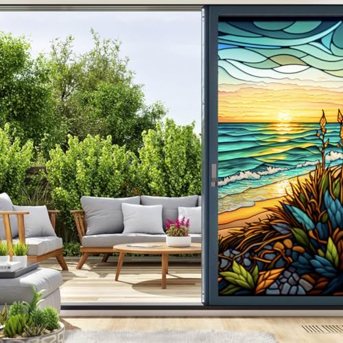 Stained Glass Window Film Privacy Frosted Window Film Self Adhesive Scenery Window Privacy Film Decorative Window Stickers Static Cling UV Blocking for Home Office Bathroom