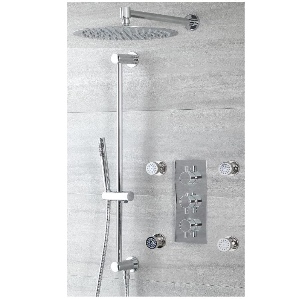 Milano Mirage Thermostatic Mixer Valve 300Mm Round Shower Head Handset Riser Rail Body Jets - Chrome