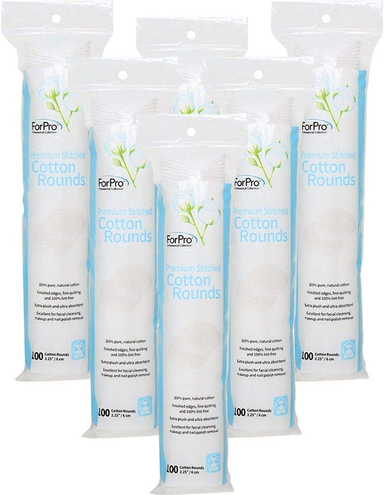Premium Stitched Cotton Rounds, 100% Pure Cotton Pads for Removing Makeup, Nail Polish and Cleansing Face, 600-Count (Pack of 6-100 Cotton Rounds)