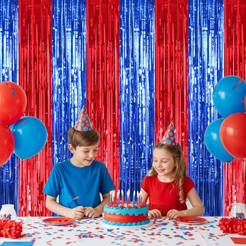 Image of TONIFUL 2 Packs Red and Blue Carnival Foil Fringe Curtains 3.3 x 6.6 ft Metallic Tinsel Streamers Backdrop for Patriotic Celebration Baby Shower Circus Theme Birthdays Party Photo Booth Decorations