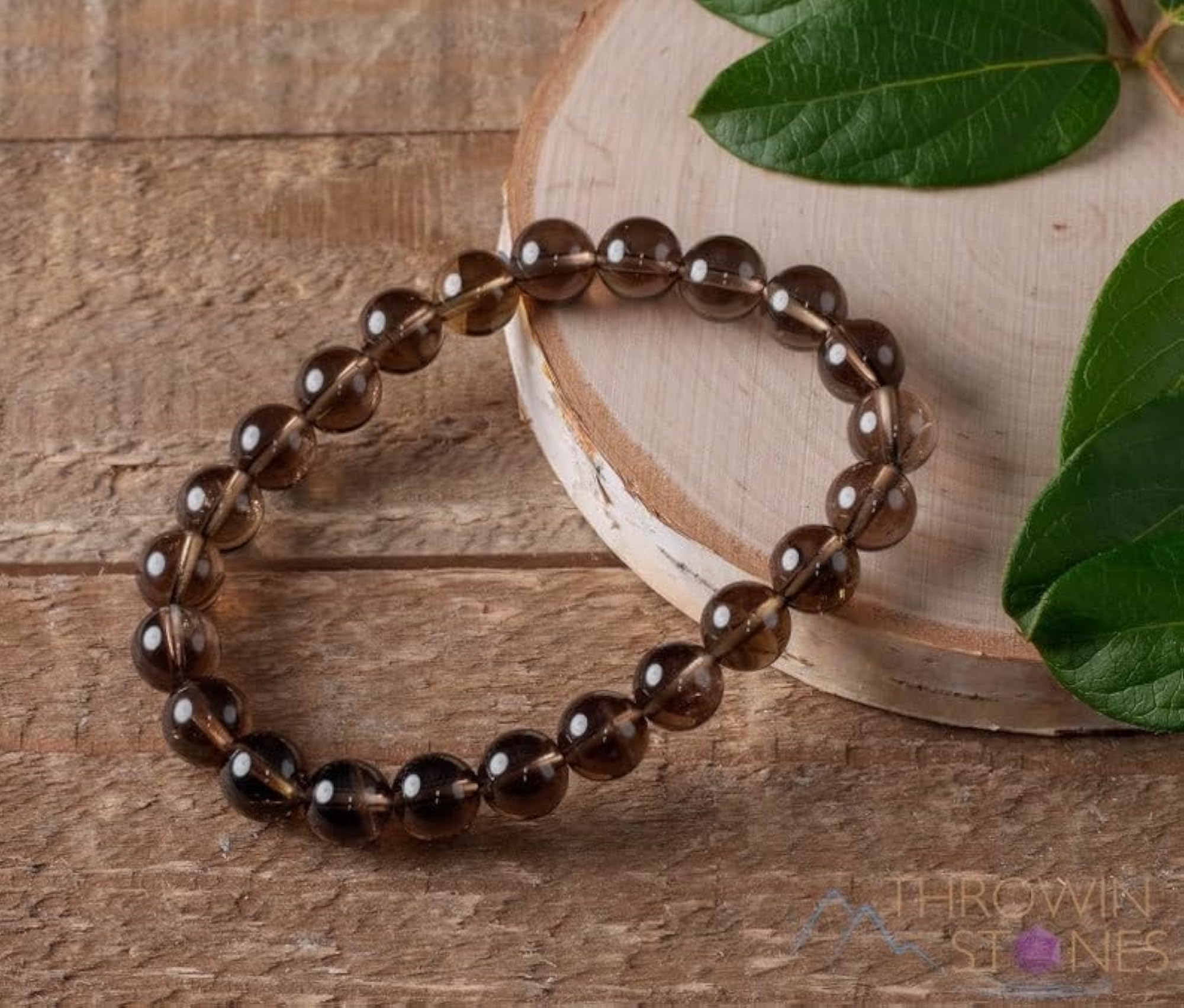 Natural Smoky Quartz 6.5 Inch Round Bead Stretchable Bracelet, Unisex