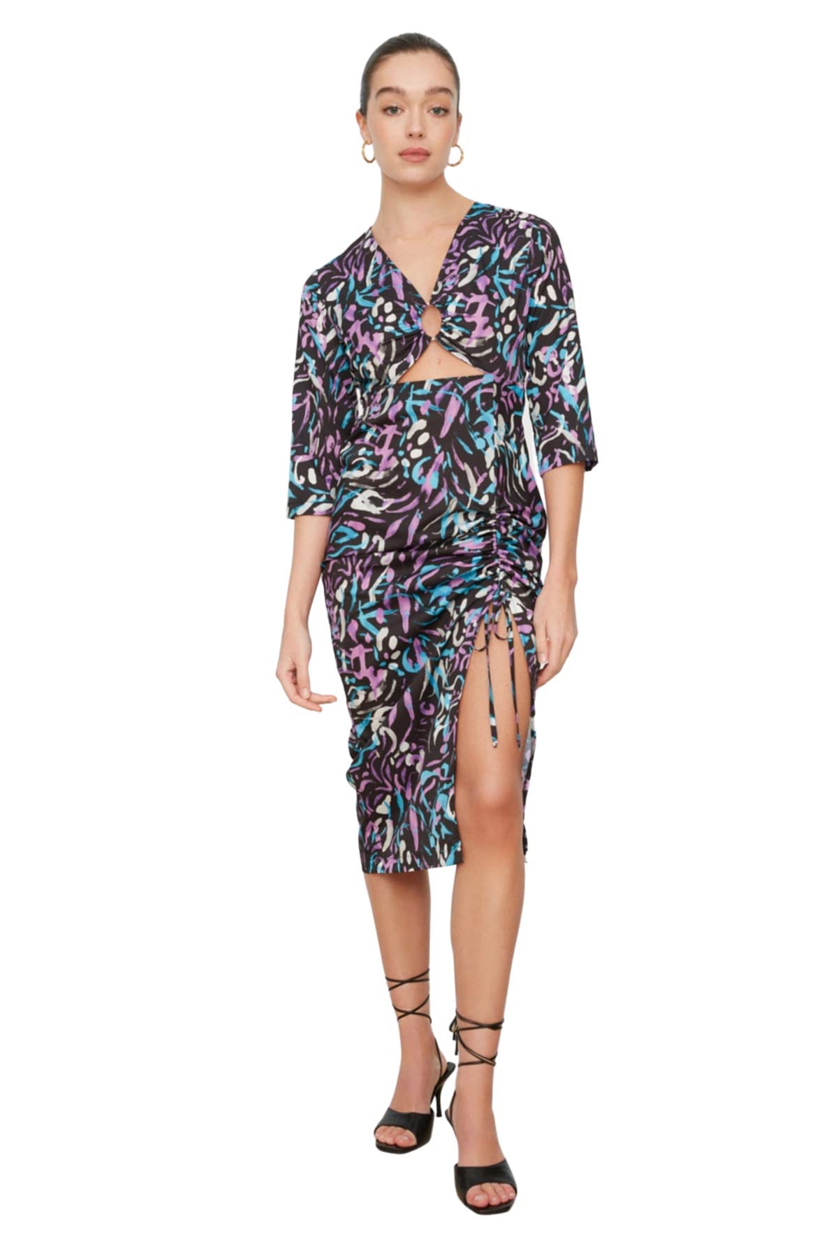 Trendyol Damen Schwarz Women's Midi Bodycon V-Neck Woven Dress, 36 Eu