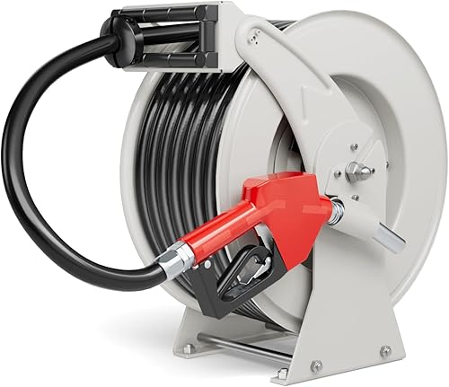 Vista 53 de Carrete de manguera de combustible diésel retráctil de 1 pulgada x 50 pies con boquilla de combustible, carrete de manguera diésel de 300 PSI