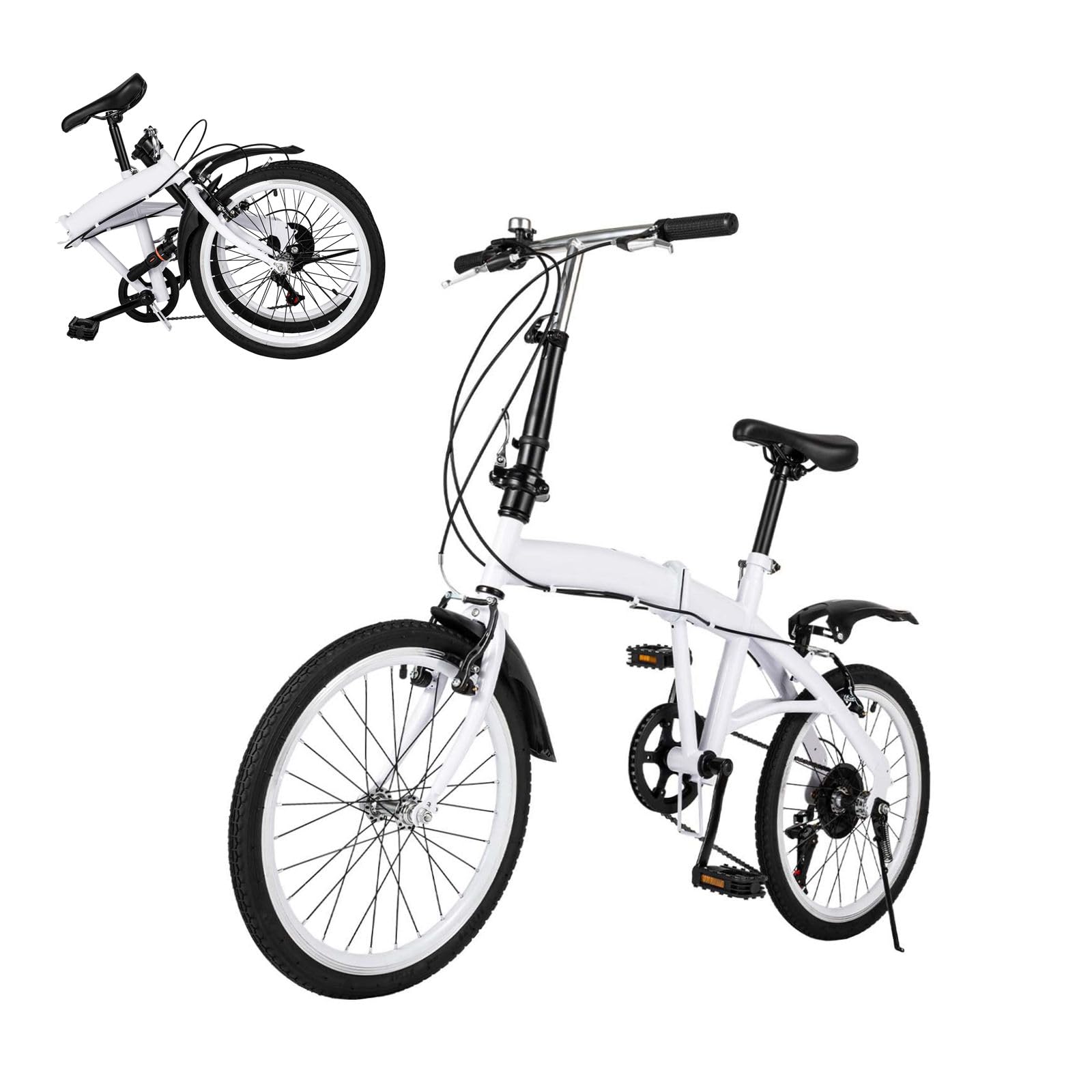 Bicicletta pieghevole 20 pollici, cambio 6 marce, per donne, uomini e bambini, regolabile, sport, attività all'aperto, ciclismo, pendolarismo, campeggio, bianco