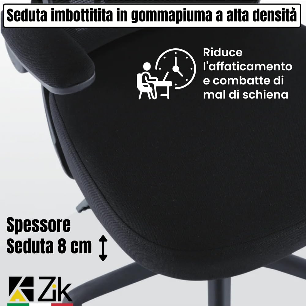 ZIK - Sedia Ergonomica da Ufficio, Scrivania, con Supporto Lombare e Regolazione Schienale, Sedia da Ufficio con Rotelle e Braccioli Reclinabili, Poggiatesta Oscillante e Regolabile