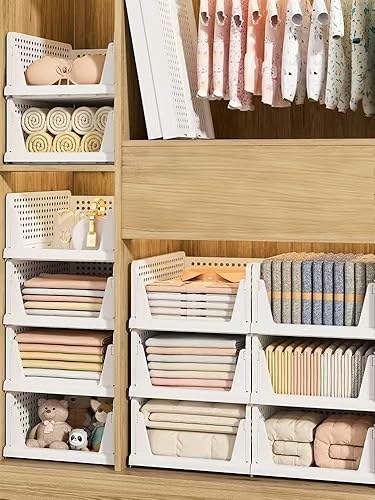 Cesta organizadora de armario plegable, marco de almacenamiento de plástico, cajón apilable para baño, cocina, blanco (6) de Reflygen