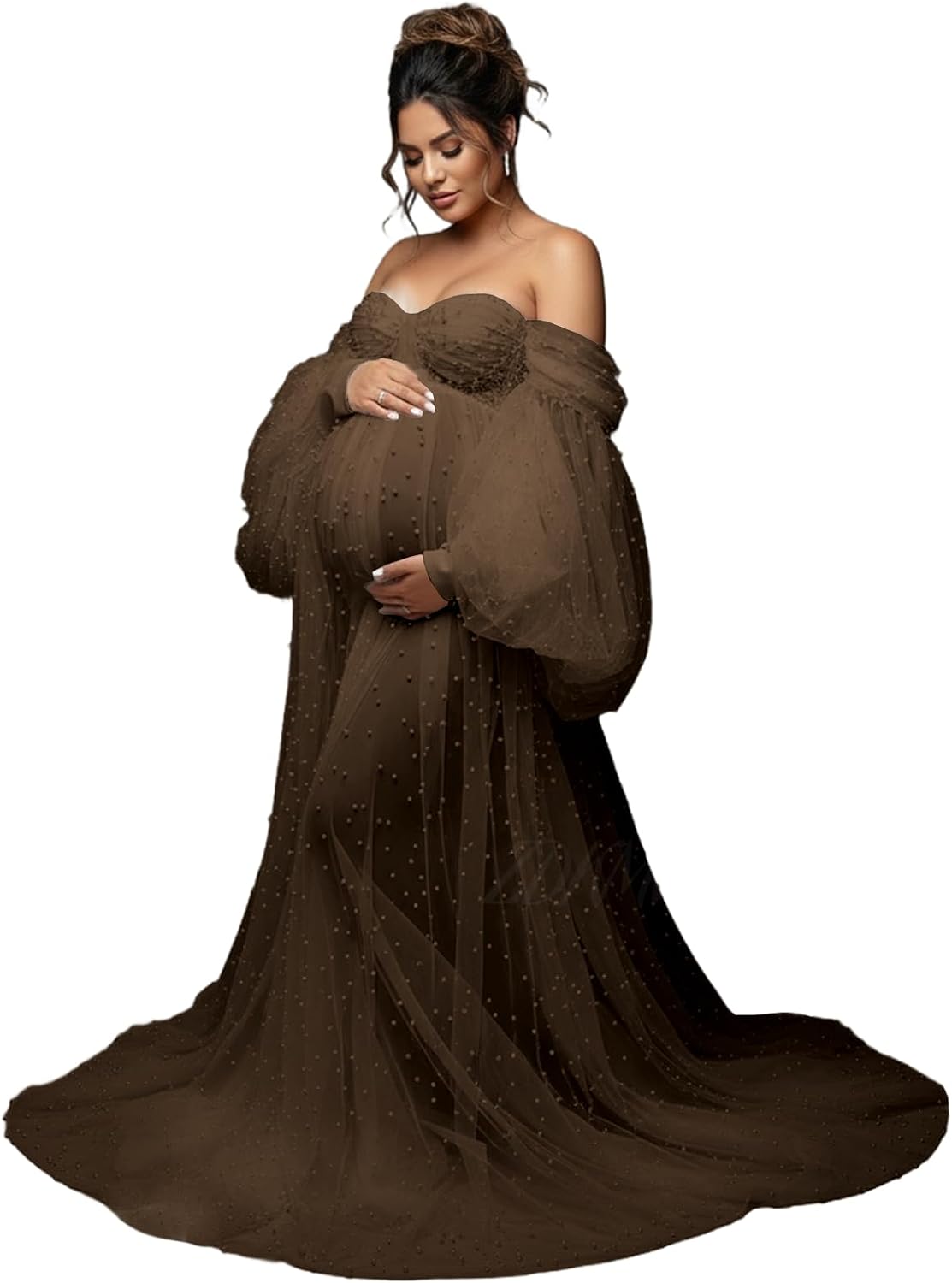 Pearl Tulle Maternity Dresses for Photoshoot 2026 Long Puffy Sleeves Off Shoulder Baby Shower Dress Pregnancy Gowns LU225