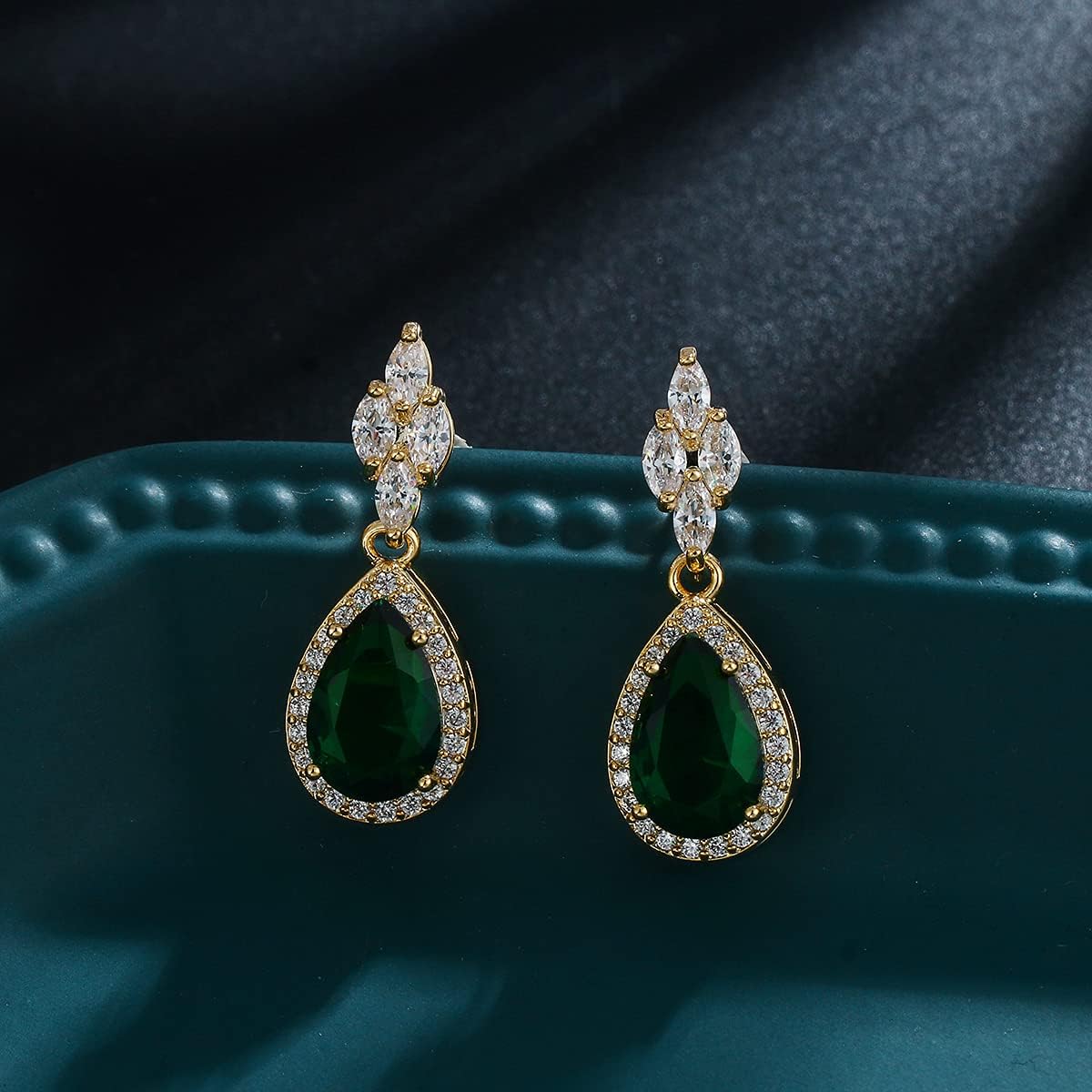 WeimanJewelry White Gold/Gold Plated Women Cubic Zirconia CZ Marquise Teardrop Bridal Tennis Necklace and Drop Earring Set for Wedding Brides (Gold tone-emerald cz)