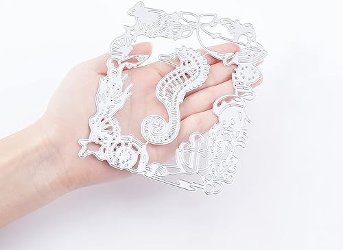 Miniatura 5 de ORIGACH 4 piezas de marco de fondo de elemento oceánico, troqueles de corte de metal, plantillas en relieve, molde de plantilla para álbum de