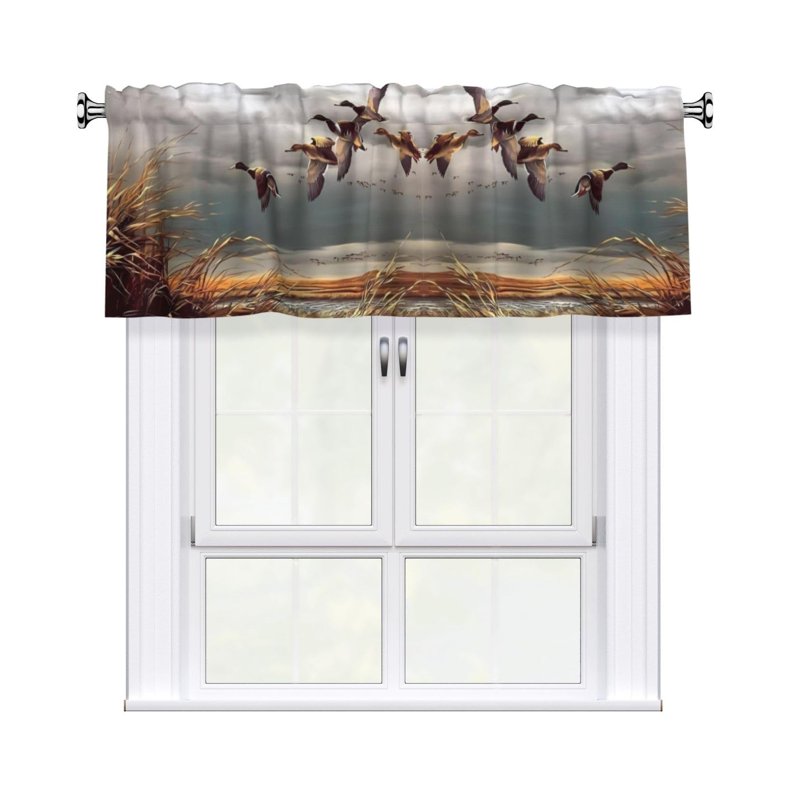 HJFCZH Hunting Flying Wild Ducks Prints Curtain Valance 54x18in - Peach Skin Kitchen Window Layer, Filtered Light & Quick-Install Rod Pocket Cover