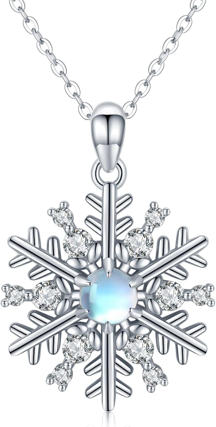 Midir&Etain Snowflake Necklace 925 Sterling Silver Snowflake Pendant Necklace Moonstone Snowflake Jewelry Birthday Christmas Gift for Women
