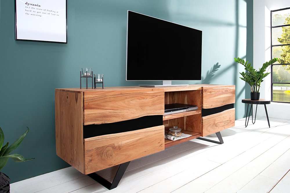 invicta INTERIOR Massives TV Board Amazonas 160cm Akazie Baumkante Metall schwarz Massivholz Fernsehschrank Wohnzimmerschrank TV-Schrank