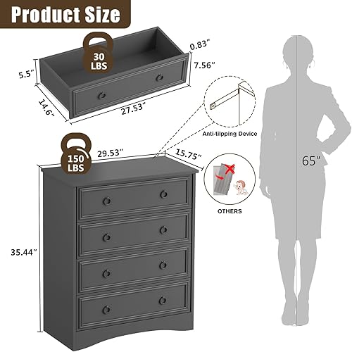 Miniatura 3 de LGHM Cómodas para dormitorio con 4 cajones, cómoda moderna de 4 cajones con bordes texturizados, cómoda, organizadores de armario y ropa de Negro