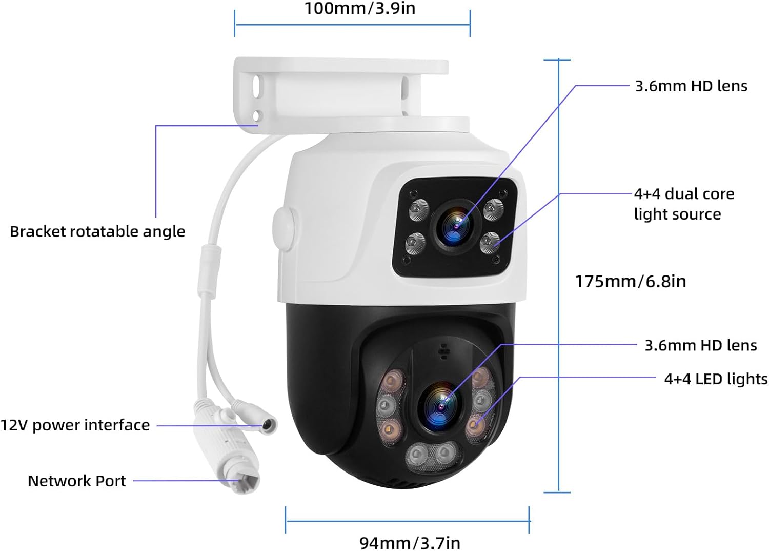 Diagram showing the dimensions and components of the Fuers dual-lens PoE camera, including 3.6mm HD lenses, dual core light source, 12V power interface, and network port.