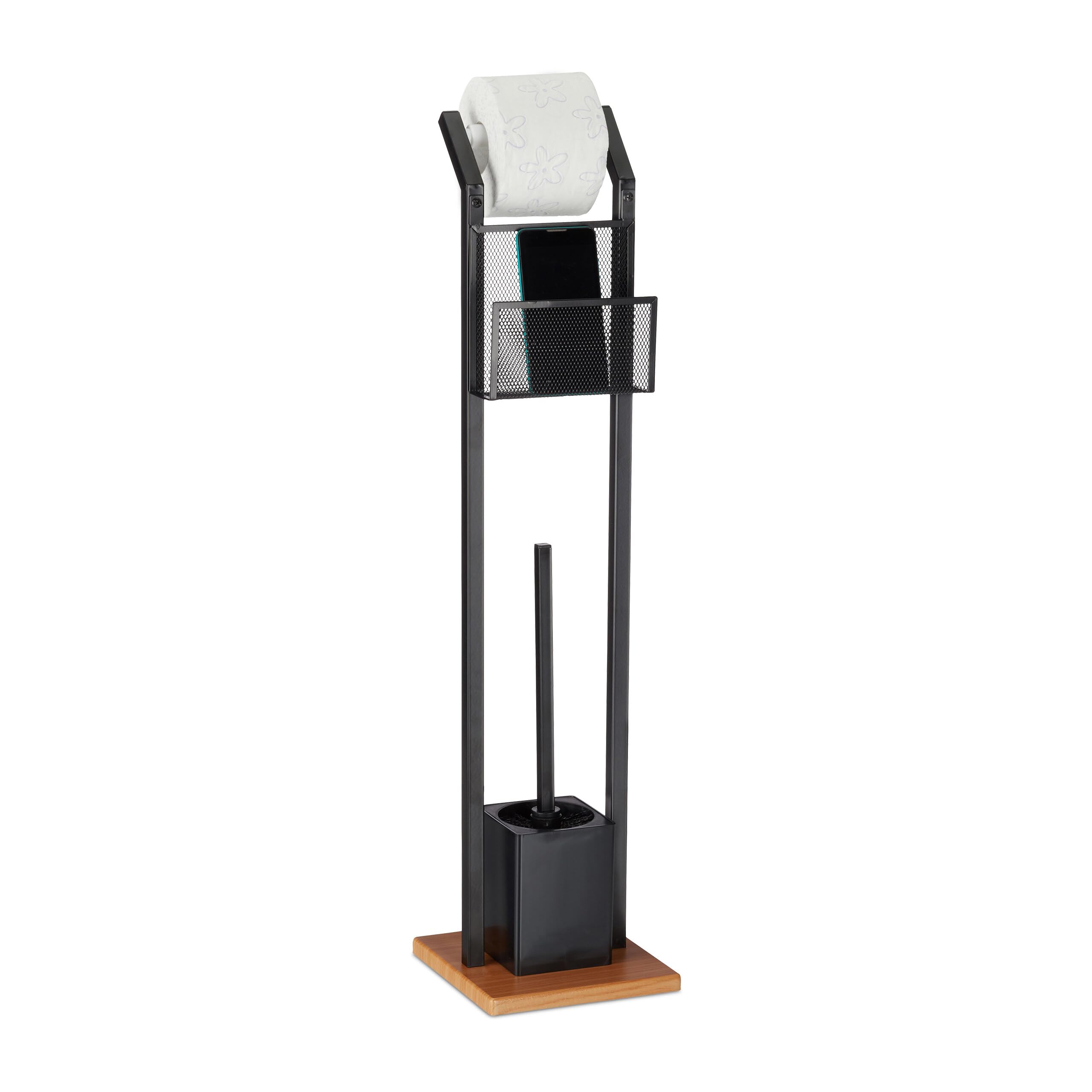 Relaxdays Ensemble WC AV. étagère, Brosse WC et dérouleur Papier, Support pour Portable, Aspect Bois, H 78 cm, Noir
